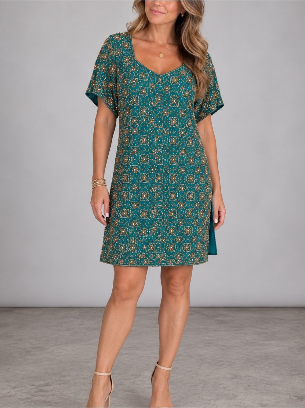 Vintage Divas Teal Gold Beaded Embroidered Indian Tunic Dress Size 50 Formal